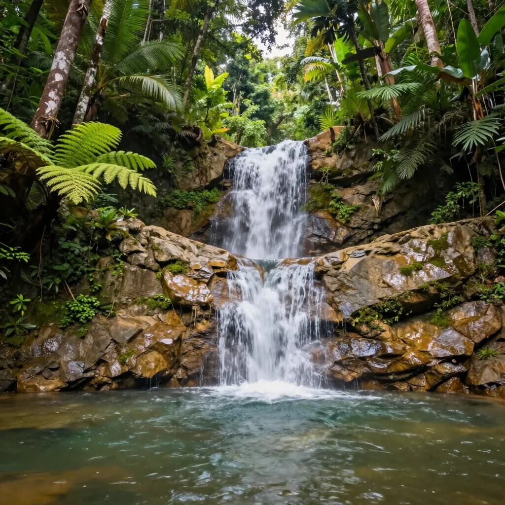 Lush Jamaica waterfall surrounded by tropical jungle